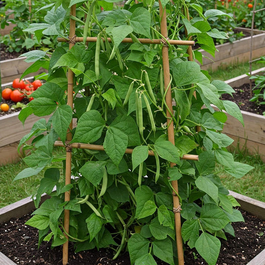 climbing french bean plant in a garden