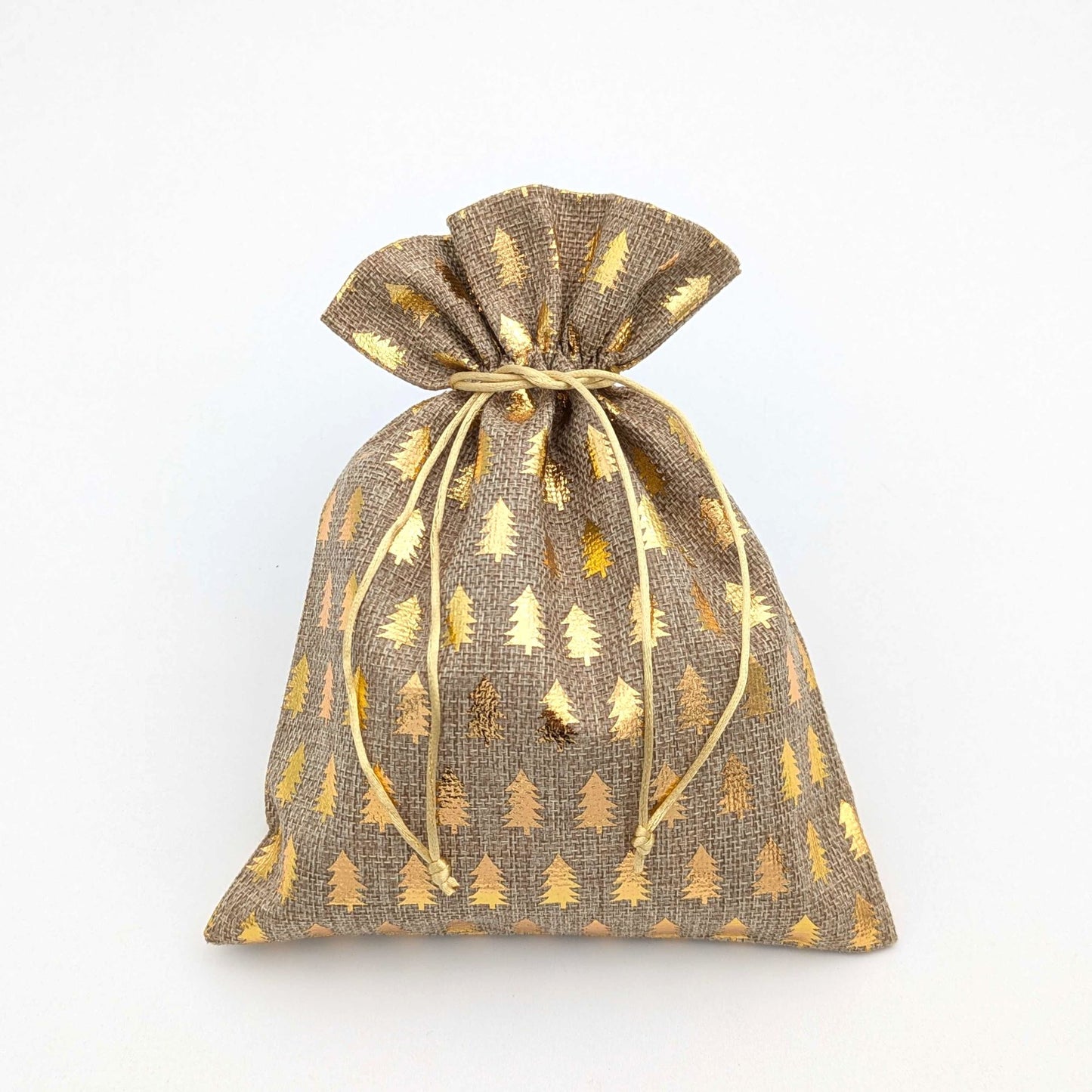 burlap gift bag with gold Chirstmas trees